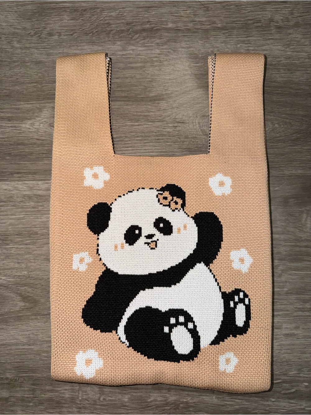 Peach Panda Knit Kids Tote Bag - Cute Cartoon Design